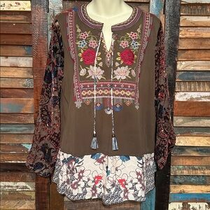 John Mark Olive Embroidered Velvet Burnout Long Sleeve Tunic Women's M